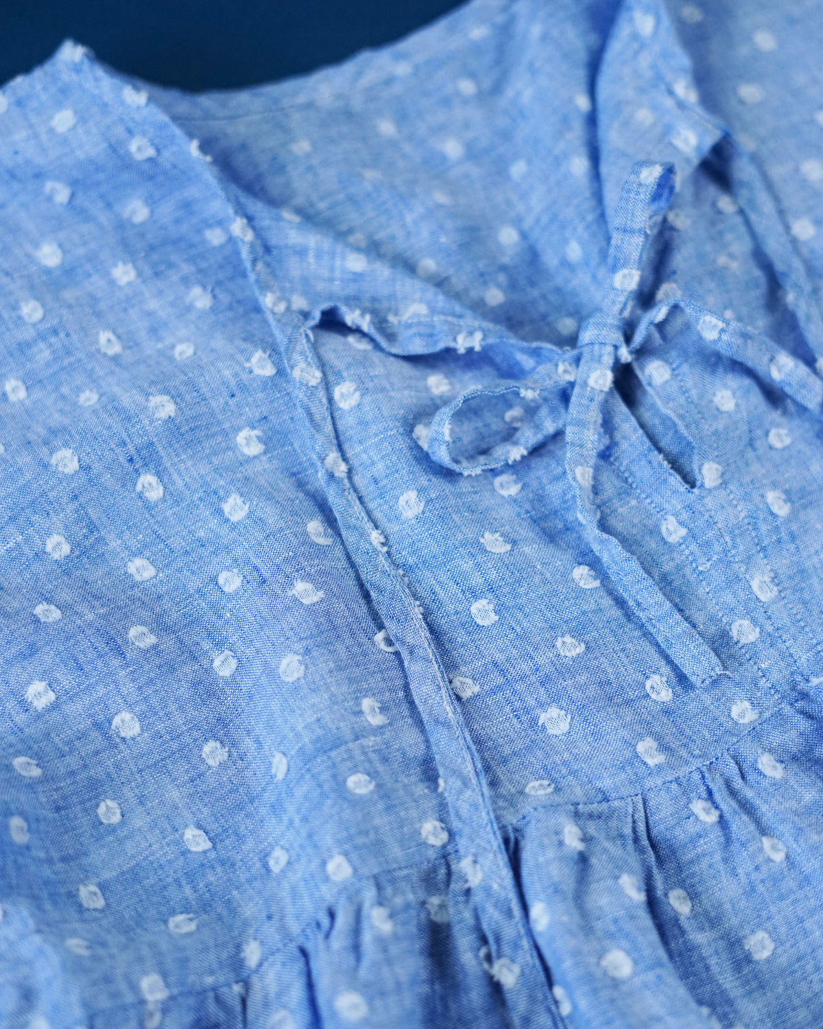 Close-up of a blue dress with white polka dots