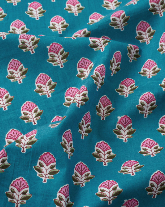 Pink and Light Blue Bloom Block Print Cotton