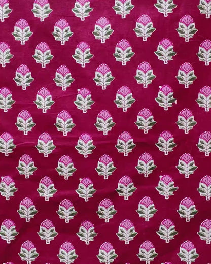 Pink and Light Blue Bloom Block Print Cotton